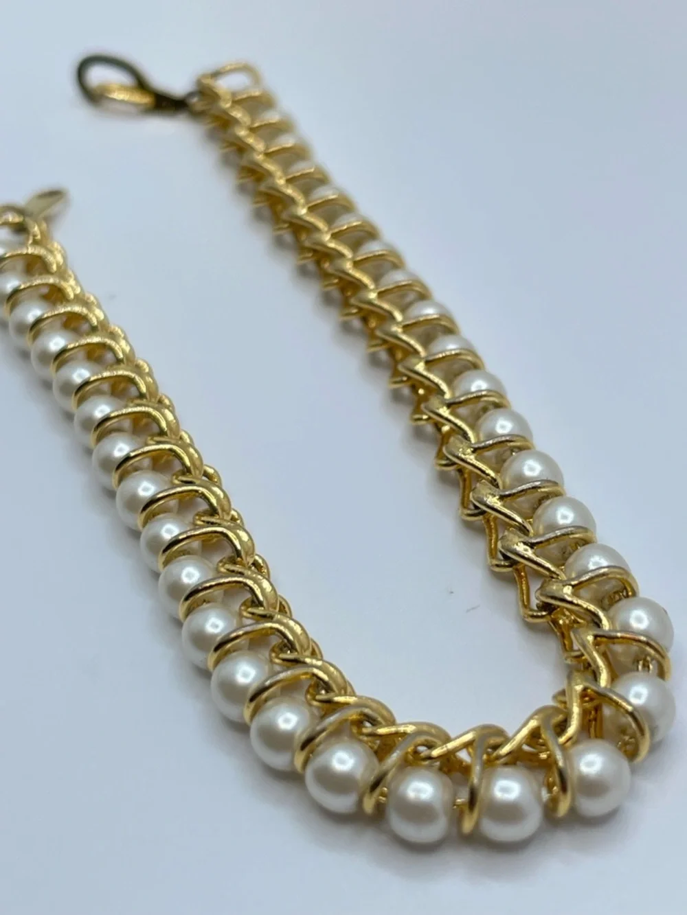 Vintage Gold Faux Pearl Link Bracelet Art Deco Bridal Elegant Timeless